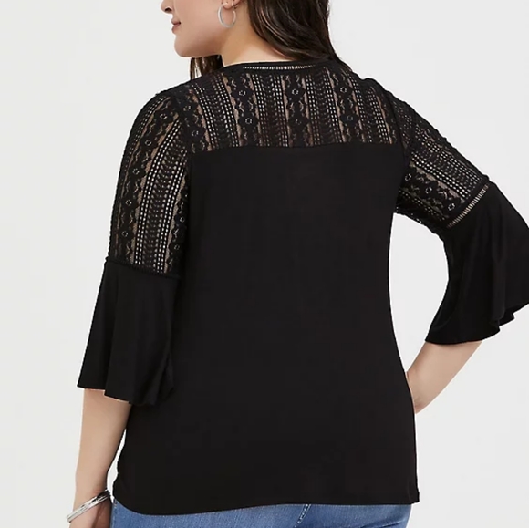 Torrid || 00 Super Soft Lace Black Bell Sleeve Button Up Top - Picture 3 of 11